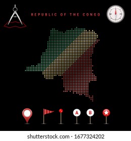 Dotted map of Republic of the Congo painted in the colors of the national flag of Republic of the Congo. Waving flag effect. Map tools, set of cartographic icons. Vector illustration