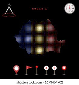 Mapa trazado de Rumania pintado con los colores de la bandera nacional de Rumania. Efecto de indicador de ondear. Herramientas de mapa, conjunto de iconos cartográficos. Ilustración del vector
