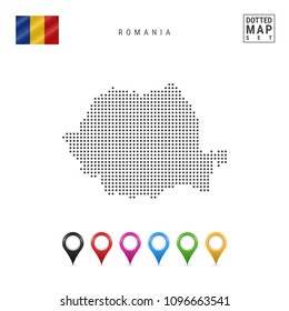 Mapa trazado de Rumania. Simple silueta de Rumania. Bandera Nacional de Rumania. Conjunto de marcadores de mapas multicolores. Ilustración vectorial aislada en fondo blanco.