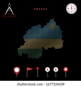 Dotted map of Rwanda painted in the colors of the national flag of Rwanda. Waving flag effect. Map tools, set of cartographic icons. Vector illustration