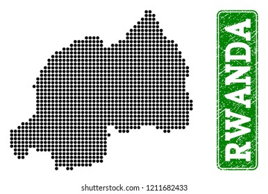 Dotted map of Rwanda and rubber caption. Vector green title inside rounded rectangle and retro rubber texture. Pixelated map of Rwanda designed with black pattern of round dots.