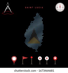 Dotted map of Saint Lucia painted in the colors of the national flag of Saint Lucia. Waving flag effect. Map tools, set of cartographic icons. Vector illustration