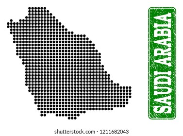 Dotted map of Saudi Arabia and corroded caption. Vector green title inside rounded rectangle and corroded rubber texture. Pixelated map of Saudi Arabia designed with black pattern of round dots.