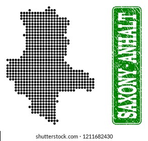 Dotted map of Saxony-Anhalt State and rubber caption. Vector green title inside rounded rectangle and grunge rubber texture.