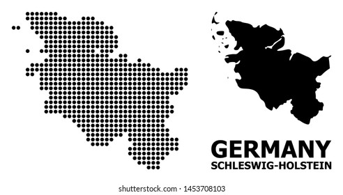 Dotted map of Schleswig-Holstein State composition and solid illustration. Vector map of Schleswig-Holstein State composition of circle items on a white background.