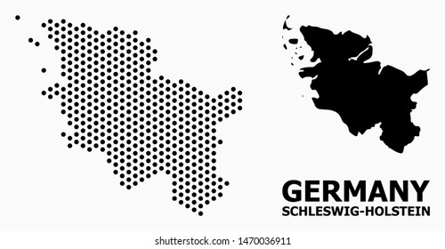 Dotted map of Schleswig-Holstein State composition and solid illustration. Vector map of Schleswig-Holstein State composition of spheric spots with honeycomb periodic order on a white background.