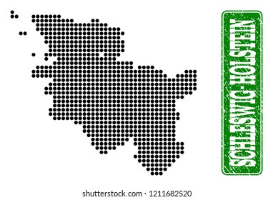 Dotted map of Schleswig-Holstein State and rubber caption. Vector green title inside rounded rectangle and distress rubber texture.
