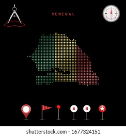 Dotted map of Senegal painted in the colors of the national flag of Senegal. Waving flag effect. Map tools, set of cartographic icons. Vector illustration