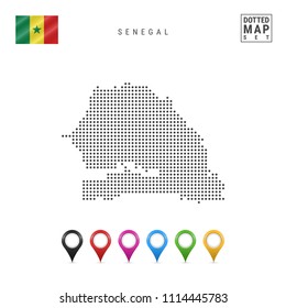 Dotted Map of Senegal. Simple Silhouette of Senegal. The National Flag of Senegal. Set of Multicolored Map Markers. Vector Illustration Isolated on White Background.