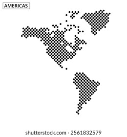 A dotted map showcases the Americas, highlighting geographical features and locations in a unique artistic style.