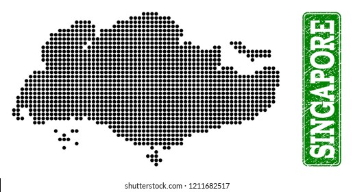 Dotted map of Singapore and grunge caption. Vector green title inside rounded rectangle and grunge rubber texture. Pixelated map of Singapore constructed with black pattern of round dots.