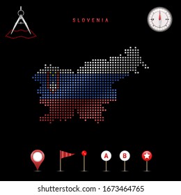 Dotted map of Slovenia painted in the colors of the national flag of Slovenia. Waving flag effect. Map tools, set of cartographic icons. Vector illustration