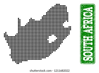 Dotted map of South African Republic and rubber caption. Vector green title inside rounded rectangle and grunge rubber texture.