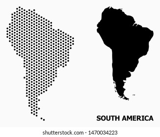 Dotted map of South America composition and solid illustration. Vector map of South America composition of spheric dots with honeycomb geometric array on a white background.