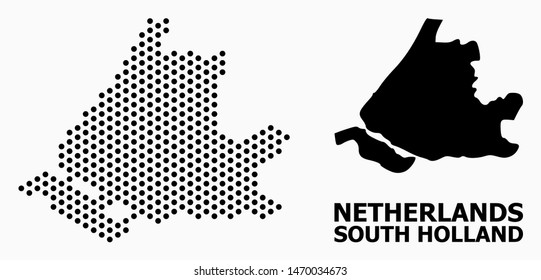 Dotted map of South Holland composition and solid illustration. Vector map of South Holland composition of round pixels with hexagonal geometric array on a white background.