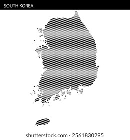 Dotted map of South Korea showcasing its unique shape against a plain background. Ideal for educational purposes and geographic studies.