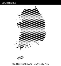 Dotted map of South Korea showcasing its unique shape against a plain background. Ideal for educational purposes and geographic studies.