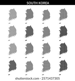 Dotted map of South Korea showcasing its unique shape against a plain background. Ideal for educational purposes and geographic studies.