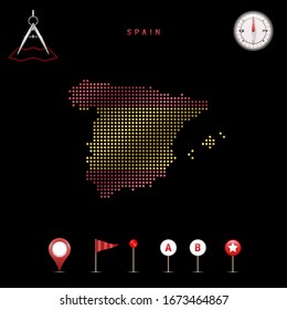 Dotted map of Spain painted in the colors of the national flag of Spain. Waving flag effect. Map tools, set of cartographic icons. Vector illustration