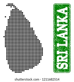 Dotted map of Sri Lanka and rubber caption. Vector green title inside rounded rectangle and grunge rubber texture. Pixelated map of Sri Lanka constructed with black pattern of round dots.