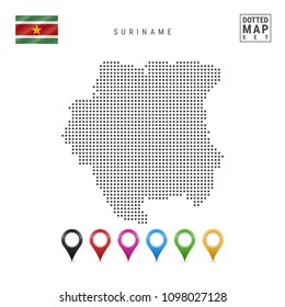 Dotted Map of Suriname. Simple Silhouette of Suriname. The National Flag of Suriname. Set of Multicolored Map Markers. Vector Illustration Isolated on White Background.