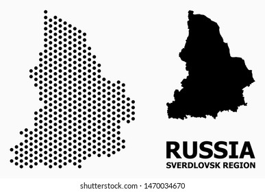 Dotted map of Sverdlovsk Region composition and solid illustration. Vector map of Sverdlovsk Region composition of sphere items with honeycomb geometric pattern on a white background.
