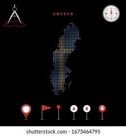 Dotted map of Sweden painted in the colors of the national flag of Sweden. Waving flag effect. Map tools, set of cartographic icons. Vector illustration