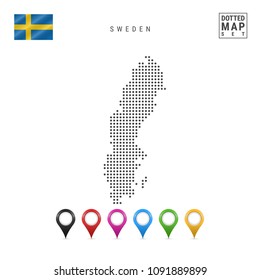 Dotted Map of Sweden. Simple Silhouette of Sweden. The National Flag of Sweden. Set of Multicolored Map Markers. Vector Illustration Isolated on White Background.
