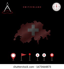 Dotted map of Switzerland painted in the colors of the national flag of Switzerland. Waving flag effect. Map tools, set of cartographic icons. Vector illustration
