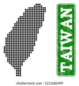 Dotted map of Taiwan and rubber caption. Vector green title inside rounded rectangle and grunge rubber texture. Pixelated map of Taiwan designed with black pattern of round dots.