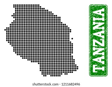 Dotted map of Tanzania and rubber caption. Vector green title inside rounded rectangle and unclean rubber texture. Pixelated map of Tanzania constructed with black pattern of round dots.