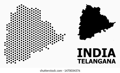 Dotted map of Telangana State collage and solid illustration. Vector map of Telangana State combination of round elements with hexagonal geometric array on a white background.