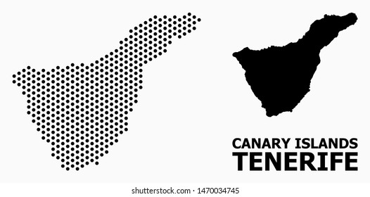 Dotted map of Tenerife Island composition and solid illustration. Vector map of Tenerife Island composition of round dots with honeycomb periodic array on a white background.
