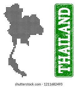 Dotted map of Thailand and scratched caption. Vector green title inside rounded rectangle and scratched rubber texture. Pixelated map of Thailand constructed with black pattern of round dots.