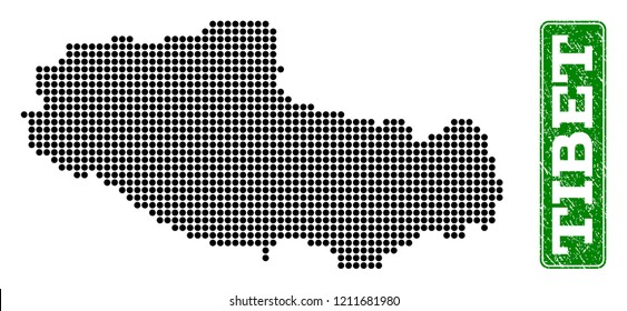 Dotted map of Tibet and rubber caption. Vector green title inside rounded rectangle and grunge rubber texture. Pixelated map of Tibet constructed with black pattern of round dots.