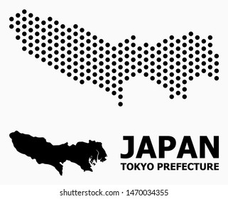 Dotted map of Tokyo Prefecture collage and solid illustration. Vector map of Tokyo Prefecture combination of spheric items with honeycomb geometric pattern on a white background.