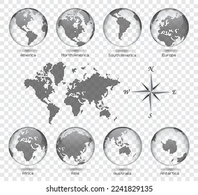 Dotted Map and Transparency Globe of the World - - Continents - America Europe Asia Africa Australia - Vector eps design illustration