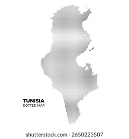 A dotted map of Tunisia, showcasing the country's outline in a minimalist style. The map is filled with small dots, emphasizing its geographical shape.
