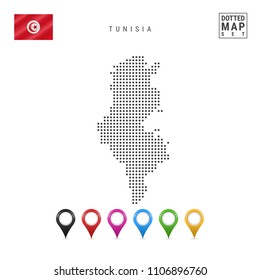Dotted Map of Tunisia. Simple Silhouette of Tunisia. The National Flag of Tunisia. Set of Multicolored Map Markers. Vector Illustration Isolated on White Background.