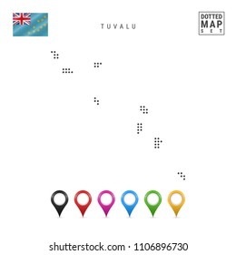 Dotted Map of Tuvalu. Simple Silhouette of Tuvalu. The National Flag of Tuvalu. Set of Multicolored Map Markers. Vector Illustration Isolated on White Background.