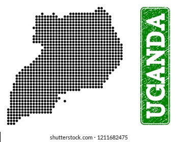 Dotted map of Uganda and rubber caption. Vector green title inside rounded rectangle and grunge rubber texture. Pixelated map of Uganda designed with black pattern of round dots.