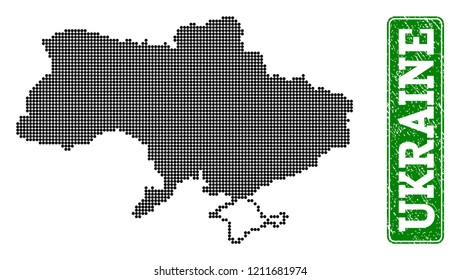 Dotted map of Ukraine and unclean caption. Vector green title inside rounded rectangle and unclean rubber texture. Pixelated map of Ukraine designed with black pattern of round dots.