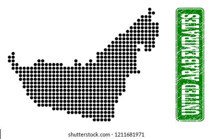 Dotted map of United Arab Emirates and grunge caption. Vector green title inside rounded rectangle and grunge rubber texture.