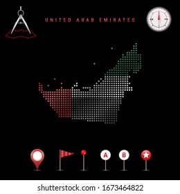 Dotted map of United Arab Emirates painted in the colors of the national flag of UAE. Waving flag effect. Map tools, set of cartographic icons. Vector illustration