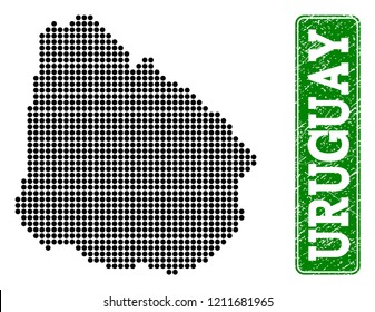 Dotted map of Uruguay and corroded caption. Vector green title inside rounded rectangle and corroded rubber texture. Pixelated map of Uruguay constructed with black pattern of round dots.