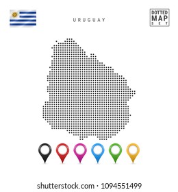 Dotted Map of Uruguay. Simple Silhouette of Uruguay. The National Flag of Uruguay. Set of Multicolored Map Markers. Vector Illustration Isolated on White Background.