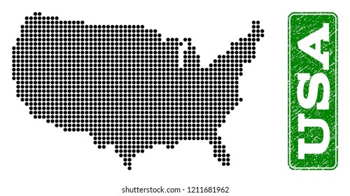 Dotted map of USA and scratched caption. Vector green title inside rounded rectangle and scratched rubber texture. Pixelated map of USA constructed with black pattern of round dots.