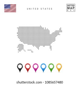 Dotted Map of the USA. Simple Silhouette of the USA. National flag of the USA. Set of Multicolored Map Markers. Vector Illustration Isolated on White Background.