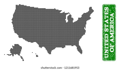 Dotted map of USA territories and rubber caption. Vector green title inside rounded rectangle and scratched rubber texture.