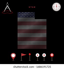 Dotted map of Utah painted in the colors of the national flag of the United States. Waving flag effect. Map tools, set of cartographic icons. Vector illustration